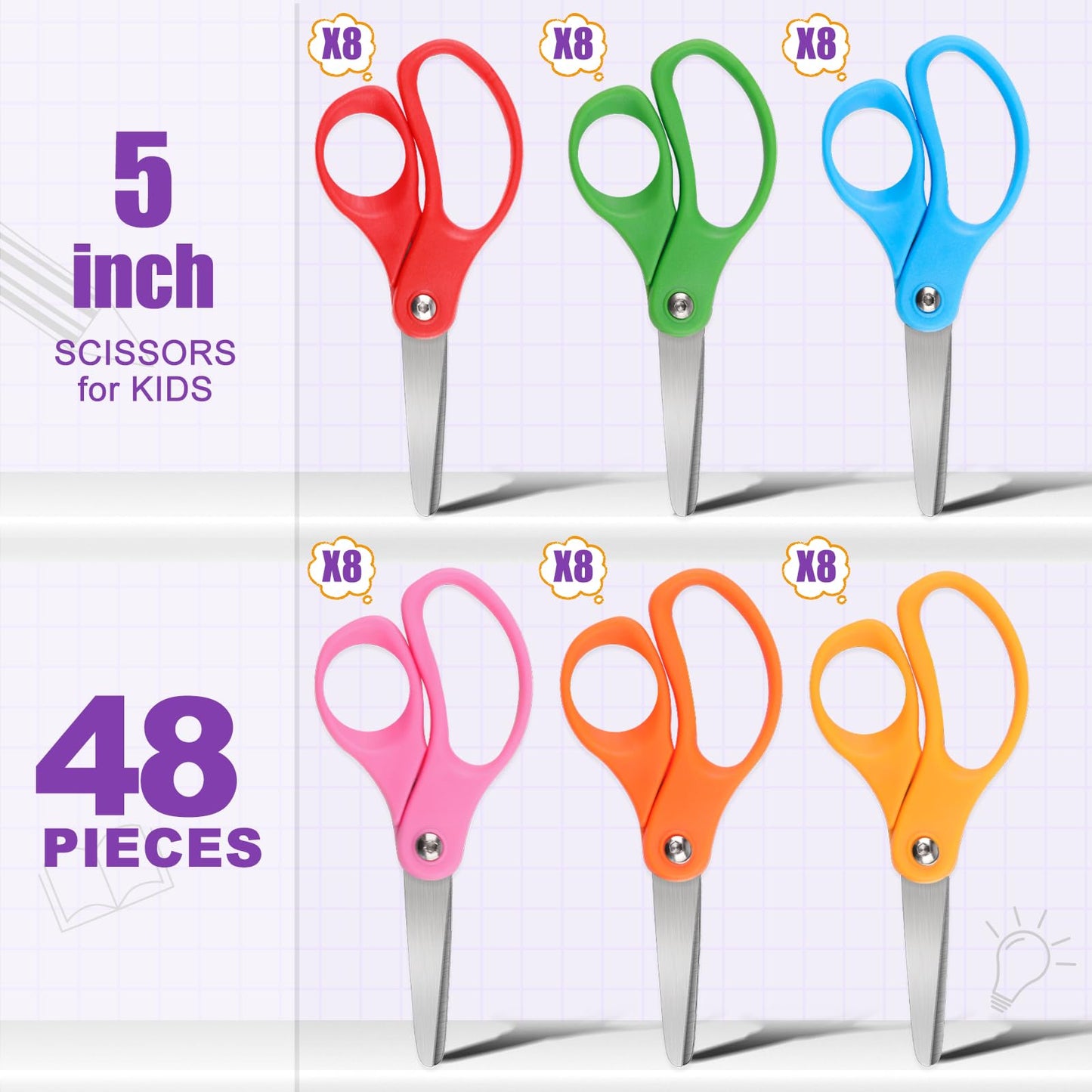 BURVAGY 48 Packs 5" Small School Student Blunt Tip Craft Kids Scissors, Stainless Steel Blades Comfort Grip 5 Inch Safety Scissors Bulk for Children Toodler Cutting Paper