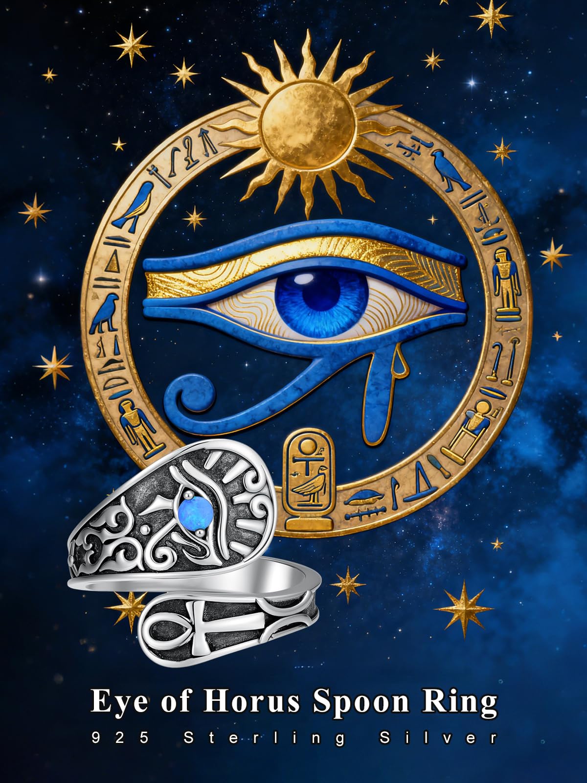 Midari Egypt Eye of Horus Spoon Ring 925 Sterling Silver Adjustable Vintage Ankh Cross Spoon Thumb Rings with Blue Opal Jewelry for Women Halloween Birthday Christmas Gifts