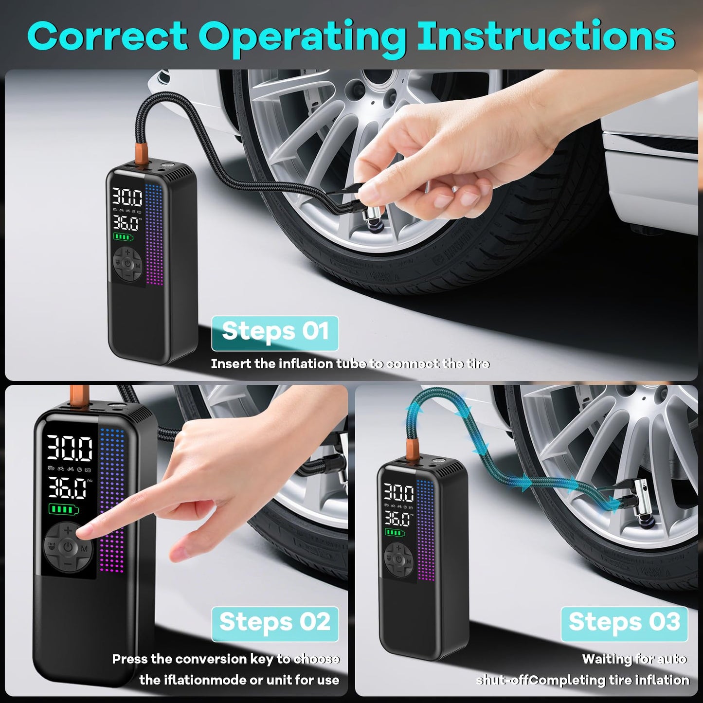 WEOLULI Tire Inflator Portable Air Compressor,150 PSI Cordless Air Pump, 12V DC Car Plug,Dual Power 10000mAh, Fast Inflation 24L/Min, 4 Preset Modes for Car, Bike, Motorcycle, Balls (Black, 10000mAh)