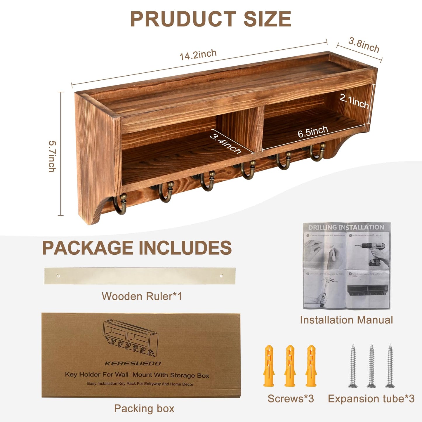 Key Holder Wall Mount - Mail Organizer Wall Mount with 6 Key Hooks and Storage Box for Sunglasses Storage and Dog Leash Holder Home Decor Rack Apartment Essentials Farmhouse Shelf Entryway Organizer