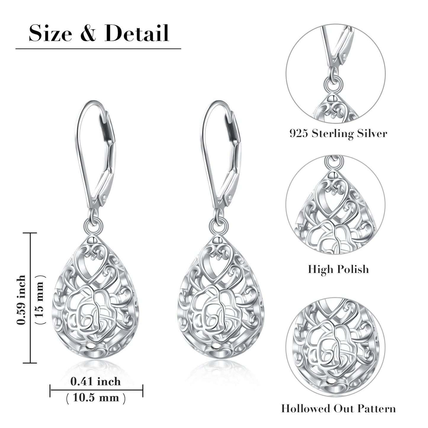 SHAOAN 925 Sterling Silver Filigree Dangle Drop Earrings Flower Rose Leverback Teardrop Earrings for Women Jewelry for Mother’s Day