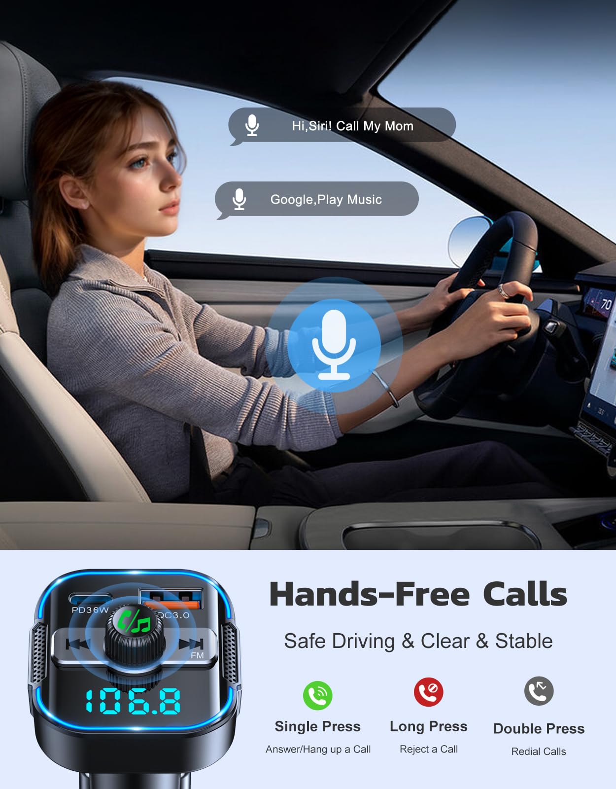 RIWUSI Bluetooth 5.3 Car Adapter【PD 36W+QC3.0 18W】, 2-in-1 FM Bluetooth Transmitter 【Dual Stronger Mics】& Fast Car Charger, Wireless FM Radio Adapter Hands-Free Calling, Siri Assistant, Black