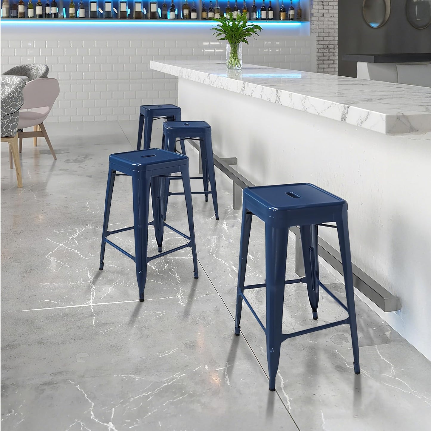 DUMOS Metal Bar Stools Set of 4, 24in Stackable Counter Height Bar Stools, Backless Restaurant Chairs for Kitchen Island, Indoor Outdoor Use, Classic Trattoria Barstools for Dining Room, Blue