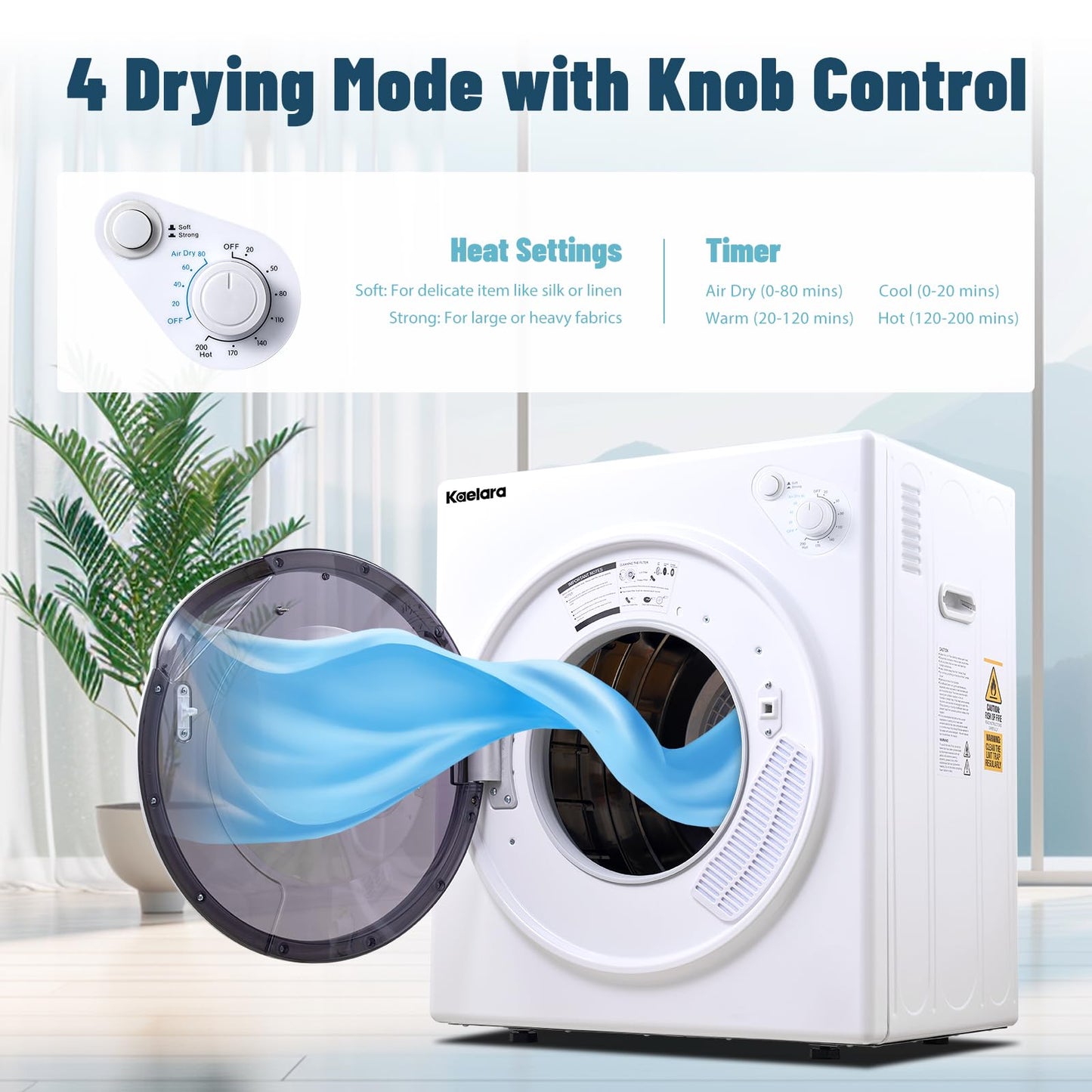 Kaelara Portable Dryers for Laundry 15000W, 3.5 Cu.ft Portable Clothes Dryer with Stianless Steel Tub, Front Load Clothes Dryer Machine for Home, Apartment, 4 Dring Mode, Auto-shutt off, White