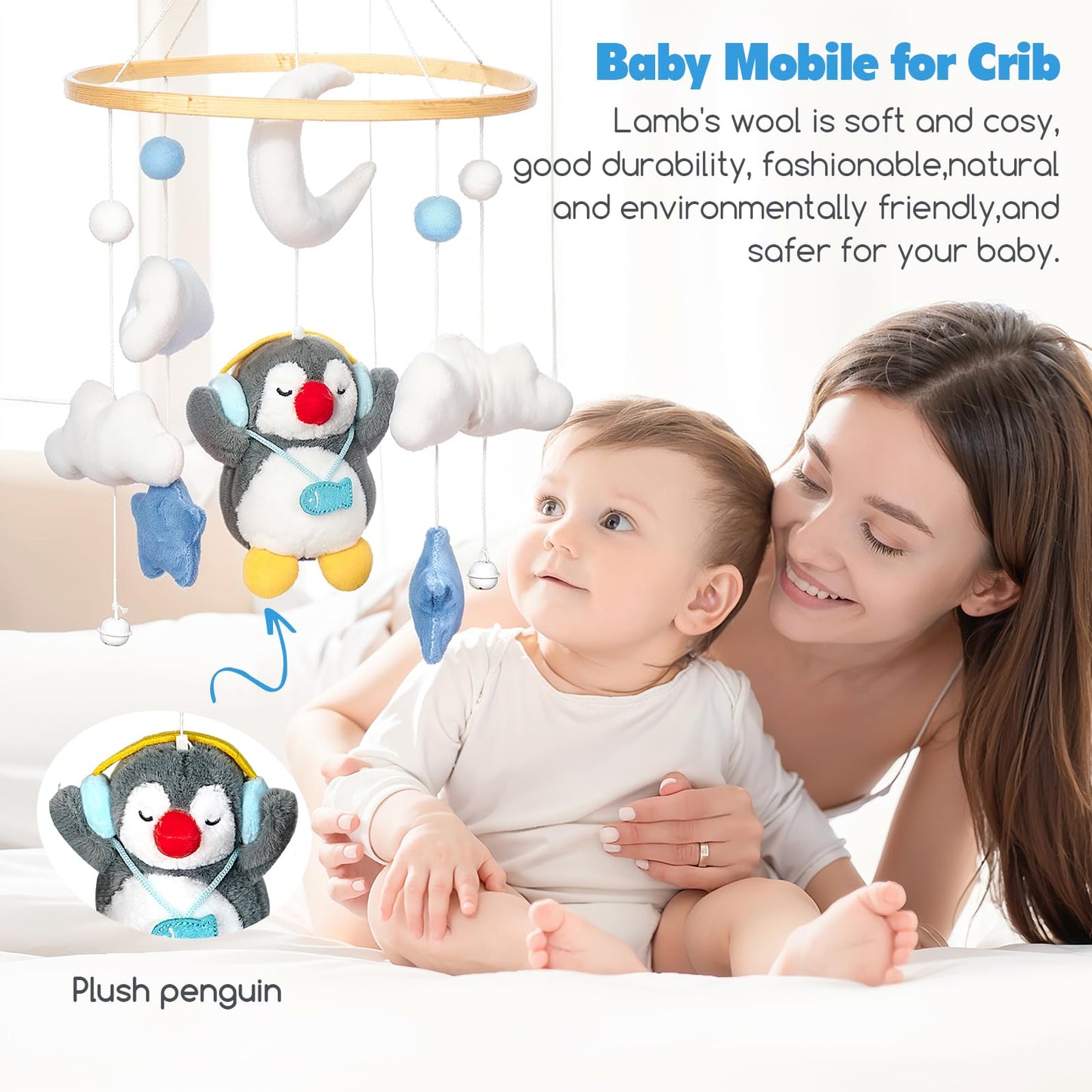 Baby Crib Mobile - Penguin Mobile for Crib, Handmade Furry Nursery for Boys and Girls, Baby Bassinet Mobile Toy - Shower Set for Infant Bedroom Hanging Decoration