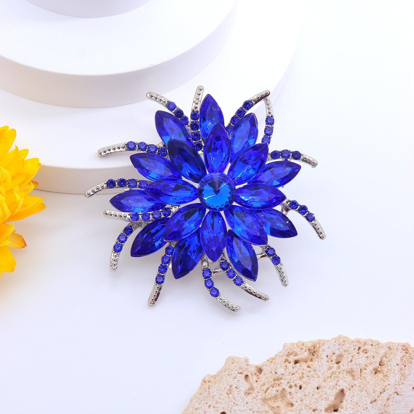 Rhinestone Large Flower Brooches Pins for Women Fashion Sparkly Crystal Sunflower Statement Brooch Unique Wedding Party Suit Dress Jewelry Accessories (Blue2)