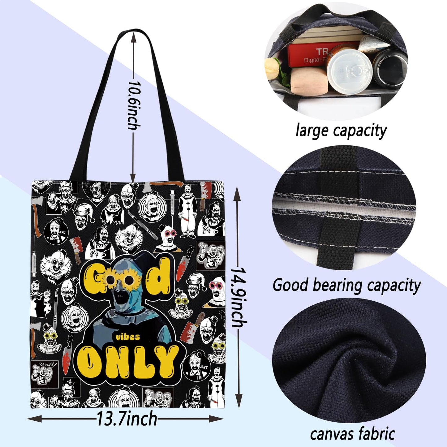 ENSIANTH Sunflower Glasses Clown Tote Bag Horror Slasher Serial Killer Movie Lover Gift Scary Halloween Thriller Handbag (Good Vibes bag)