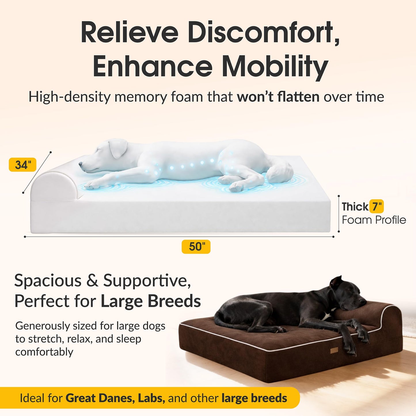 KOPEKS Orthopedic Memory Foam Dog Bed 7" Inch Thick Extra Large Dog Bed With Pillow Brown 50"x34"x10" Includes Waterproof Liner & Durable Removable Cover With Smart Design