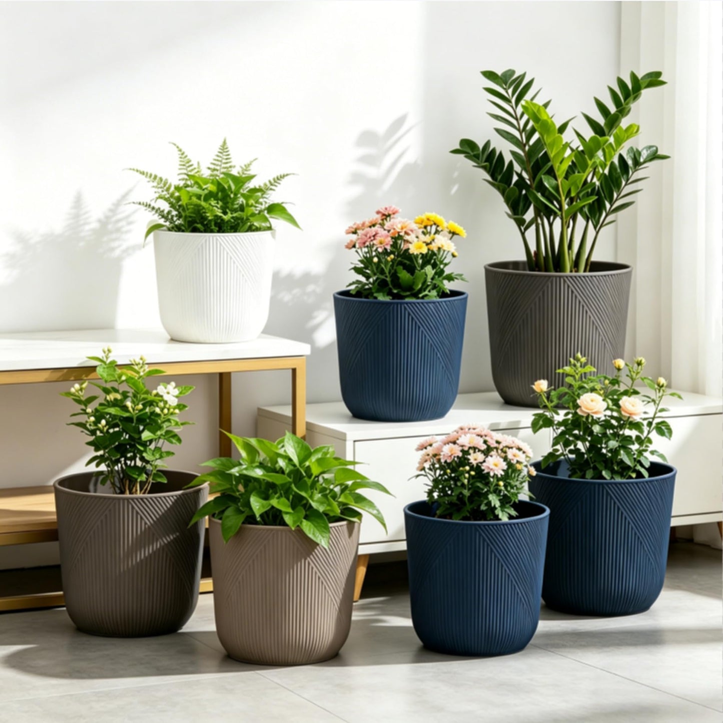 Dexceder 10x9 Striped Table Flower Plant Pot with Drainage Hole & Removable Plug (2 Pack, Deep Gray)