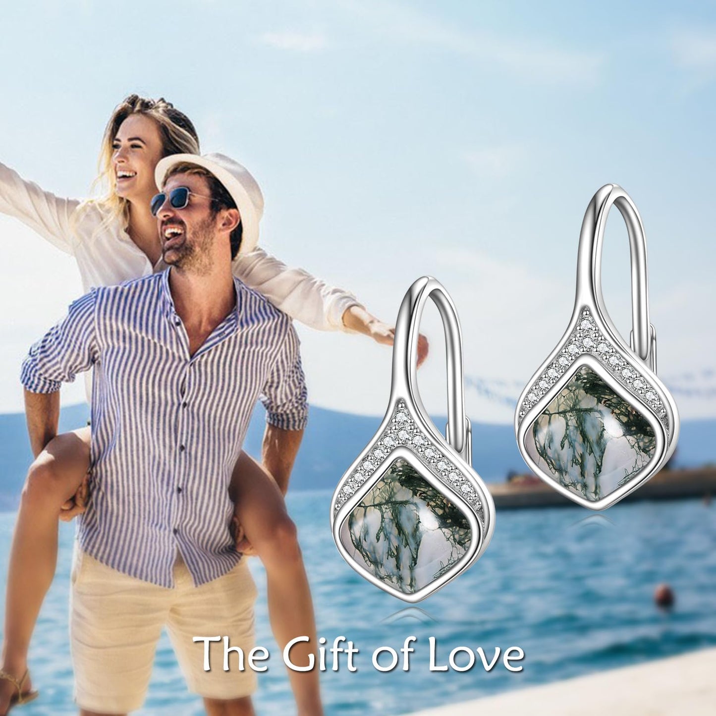 Moss Agate Drop Earrings Sterling Silver Natural Stone Teardrop Leverback Earrings Seaweed Agate Dangle Earrings Jewelry Christmas Gifts For Women