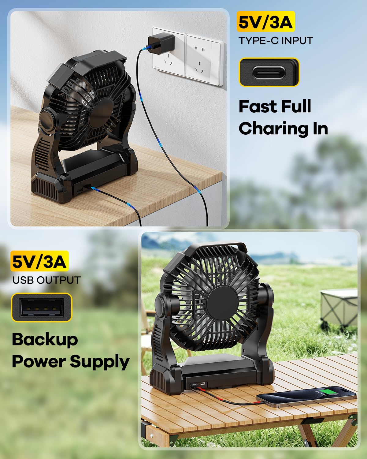 30000mAh Rechargeable Camping Fan with LED Lantern,Portable Battery Powered Outdoor Fan for Bedroom,Camping,Travel,Hiking,Beach,Office,Trave Accessories(Black)