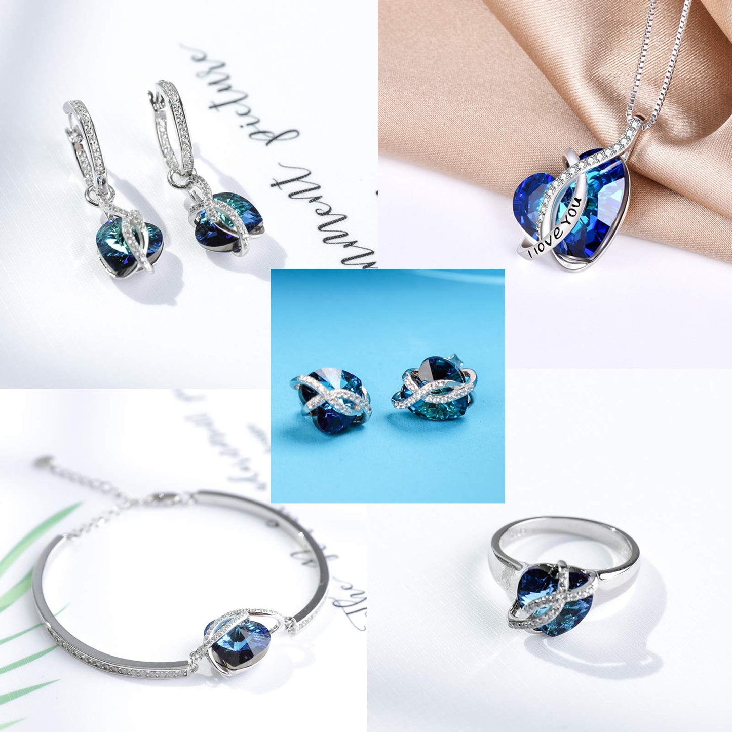 AOBOCO Infinity Heart Bangle Bracelet Sterling Silver I Love You Women Bracelet Embellished with Blue Crystals from Austria, Fine Anniversary Birthday Jewelry Gifts for Women Wife Girlfriend Daughter