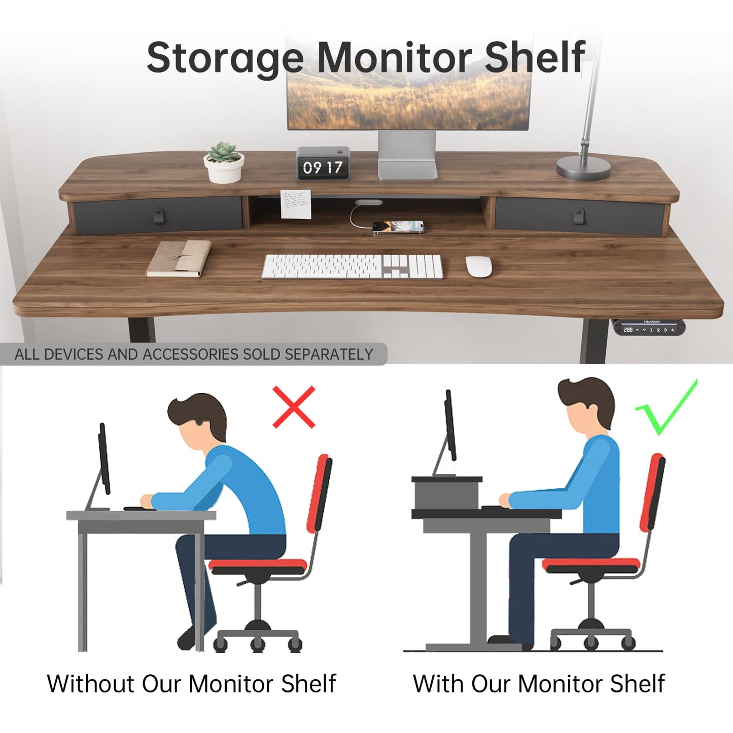 HUANUO 55" x 26" Electric Standing Desk with 2 Drawers, C-Clamp Mount Compatible, Height Adjustable Computer Desk, Home Office Stand Up Desk with 4 Preset Heights & 2 Hooks, Walnut