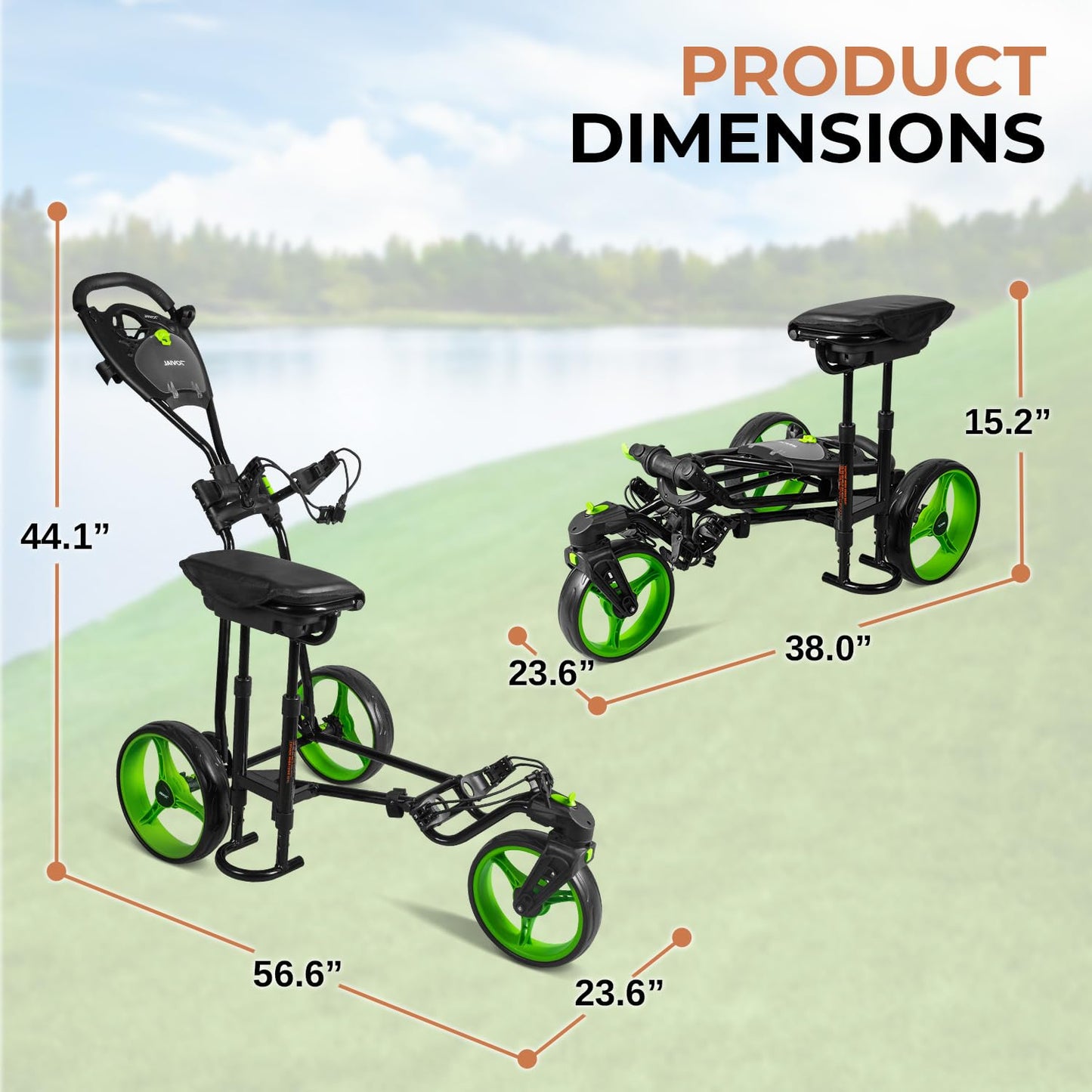 JOVIAL Golf Push Cart 3 Wheel - Lightweight Steel Frame Foldable Golf Bag Cart with Padded Adjustable Handle, Quick Brake System, Deluxe Scorecard Holder, Patented Bag Holder for Different Terrain