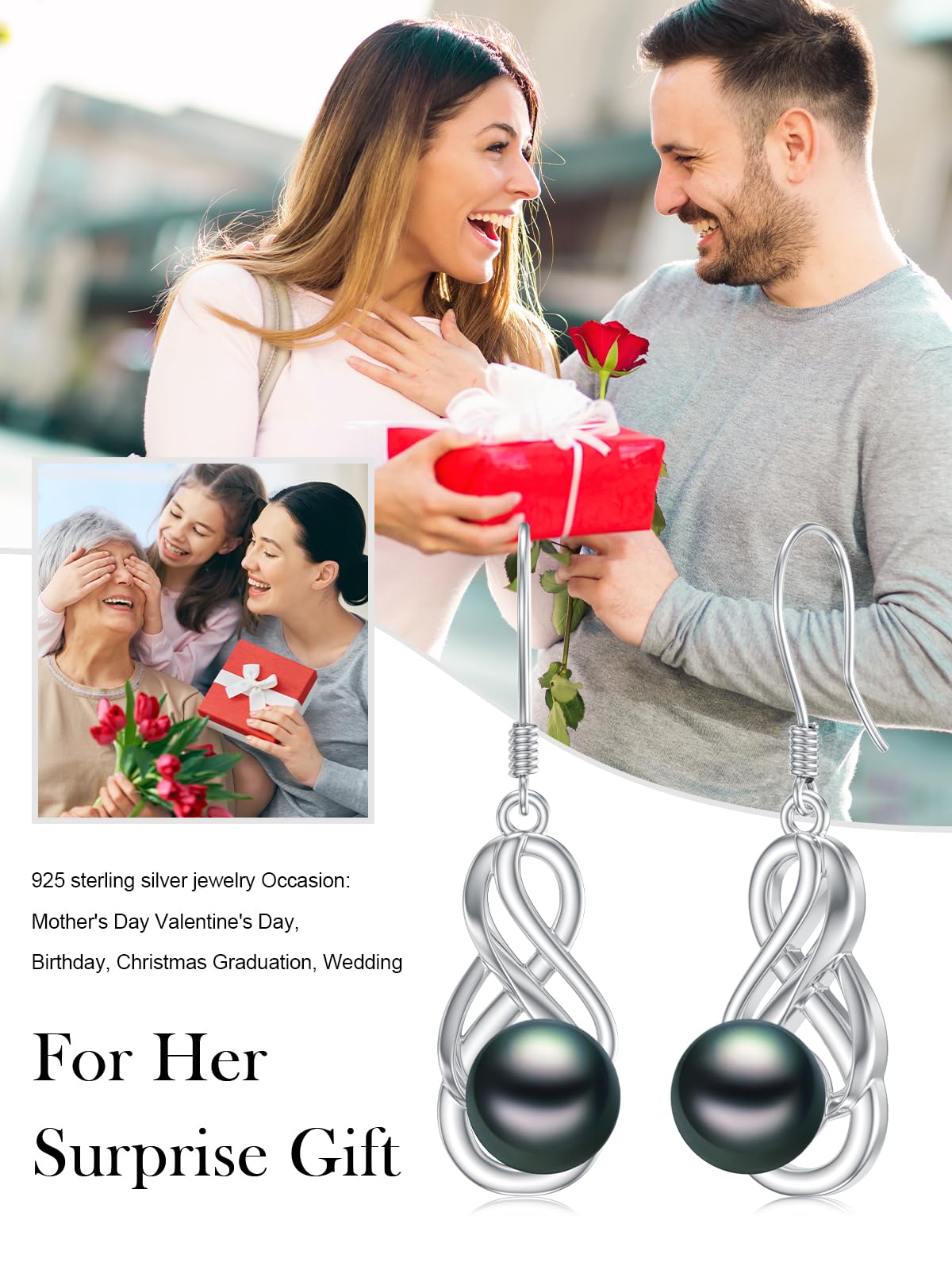 KANNSOAR 7MM Tahitian Black Pearl Dangle Drop Earrings, 18K White Gold Plated Sterling Silver Everyday Infinity Earrings for Women Wife Girlfriend Jewelry Gift for Anniversary Birthday Christmas