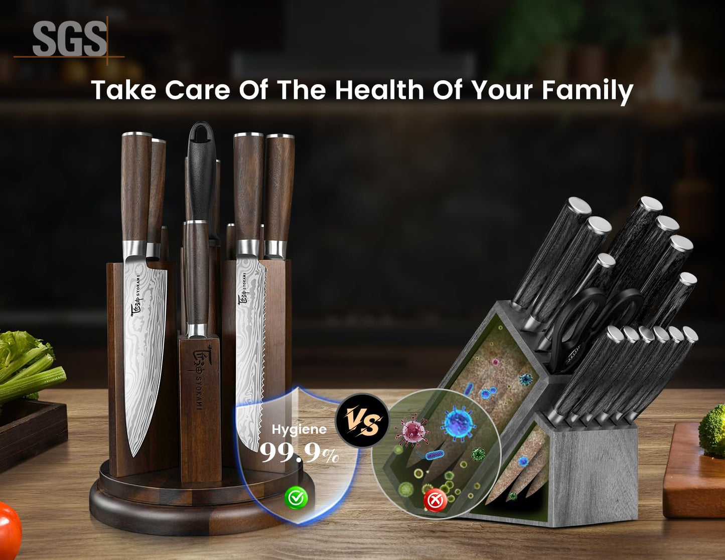 SYOKAMI Kitchen Knife Set with Magnetic Block and Sharpener 14 Piece Knife Set 360° Rotatable Holder Ultra Sharp High Carbon Stainless Steel Knives Sets with Steak Knives, Ideal Gift