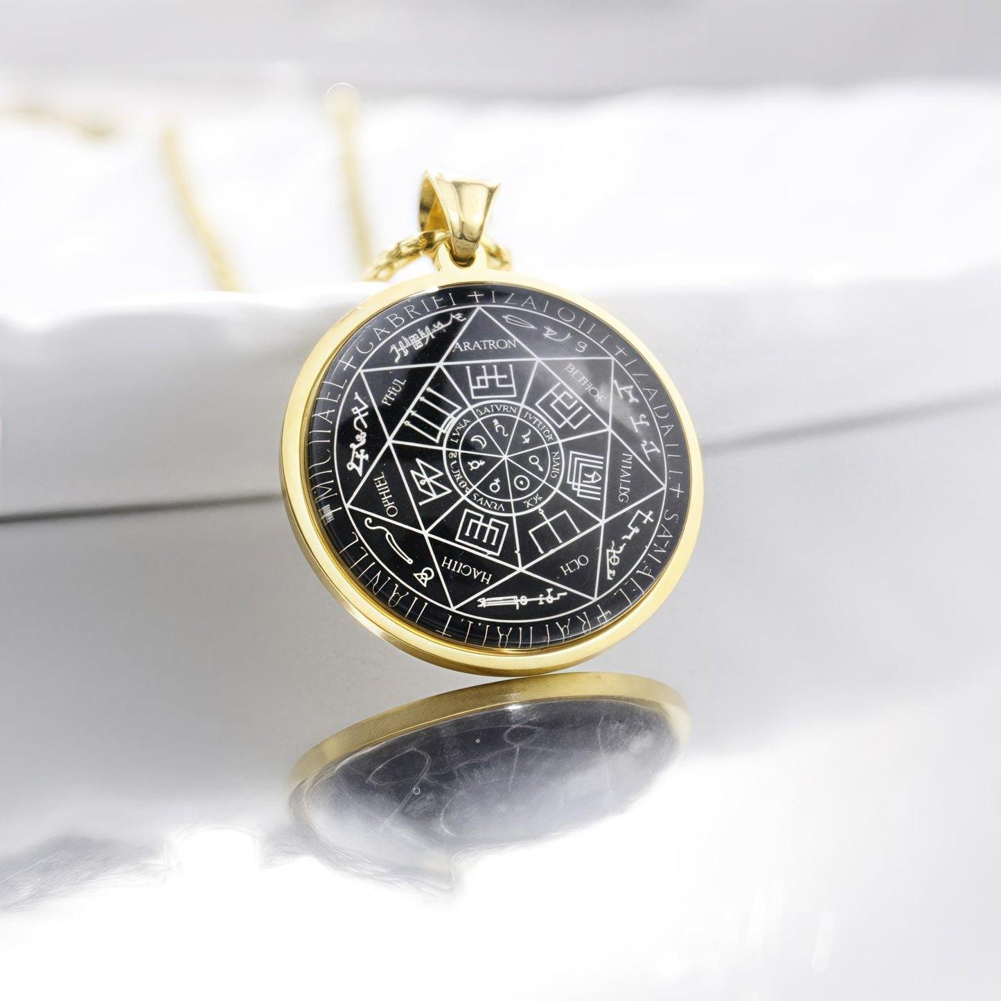 Joddfly Seven Angel Medal Pendant Stainless Steel Glass Solomon Talisman Necklace Guardian Jewelry Men and Women 24 inch Gift Set (golden)