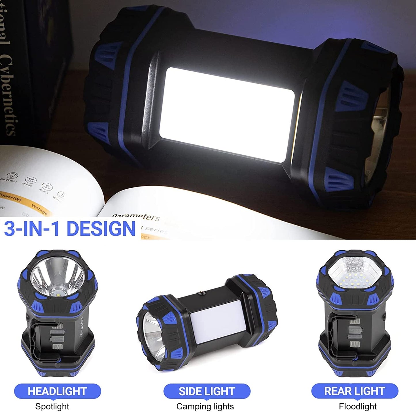 Led Camping Lantern Rechargeable, Camping Flashlight 1500LM, 8 Light Modes, Camping Lights 4800 Capacity, Portable Bright Flash Light for Emergencies, Power Outages, Hurricane, Hiking (Blue 1PACK).
