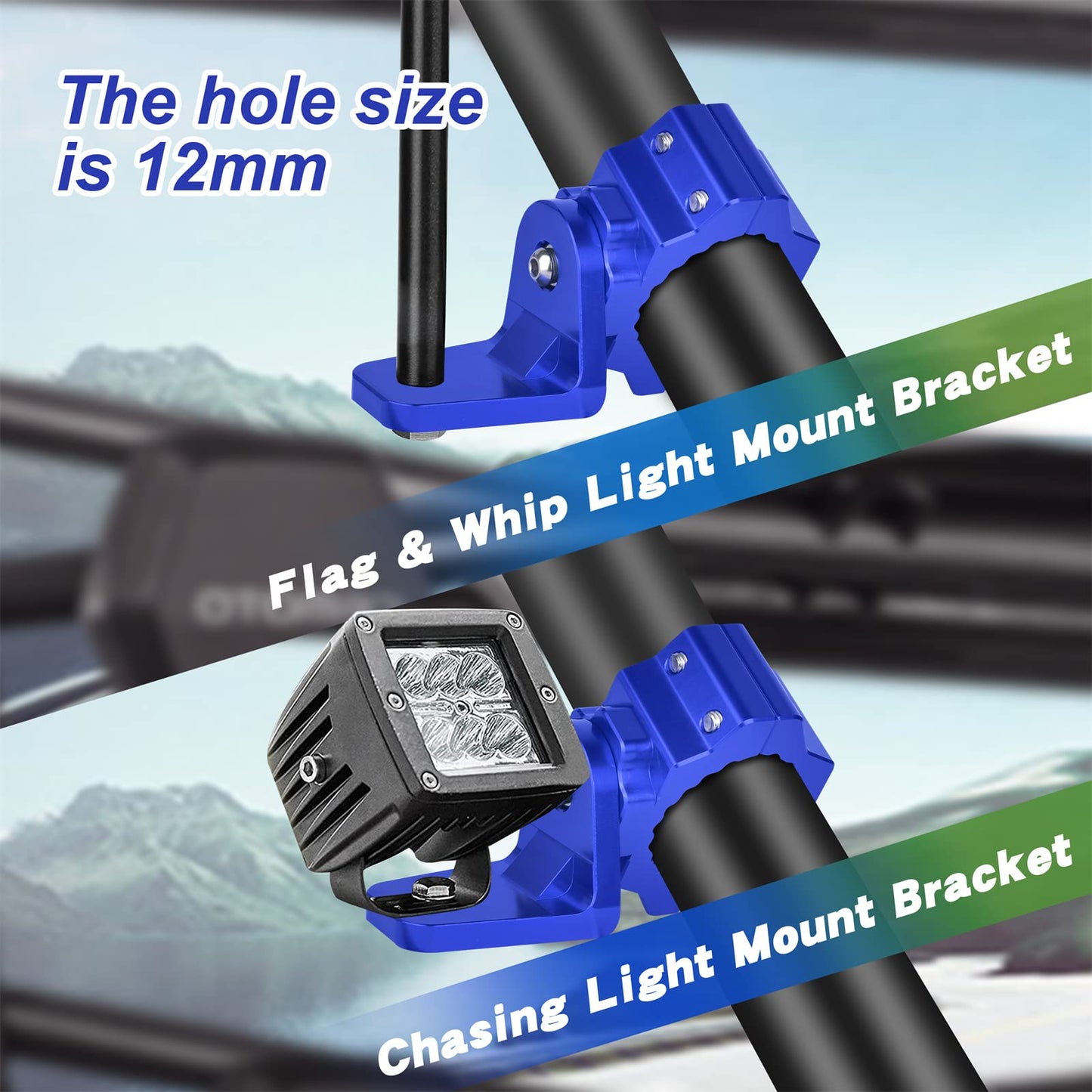 ZIDIYORUO UTV Whip and Spot Light Mount, 360 Rotating Flag Hole, Aluminium Alloy, 1.75" to 2" Roll Cage (2 PCS Blue)
