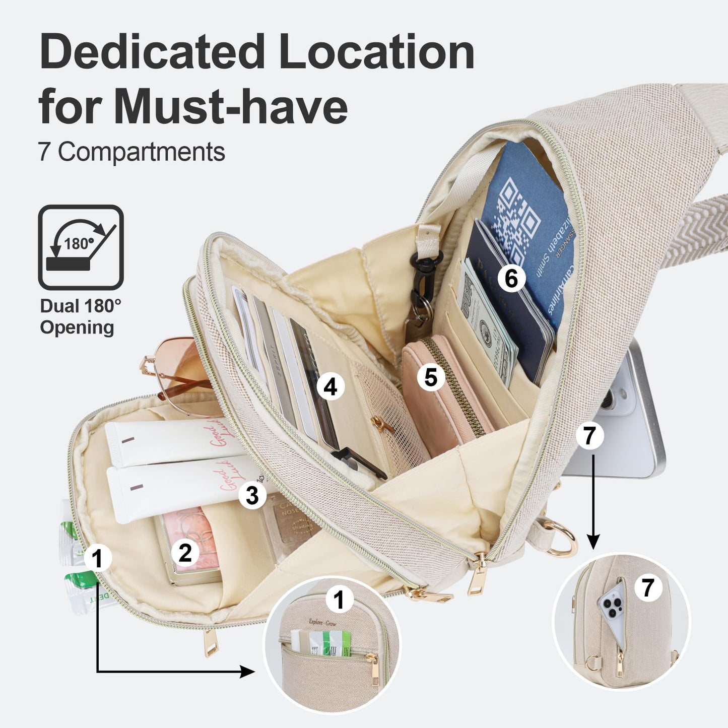 Packism Travel Sling Bag for Women Valentine's Day Gift with Box and Message Card - Anti-Theft Canvas Crossbody Bag with 7 Pockets, Leather Bottom, Fits iPad Mini, 6.3x3.4x11 Inches, Beige