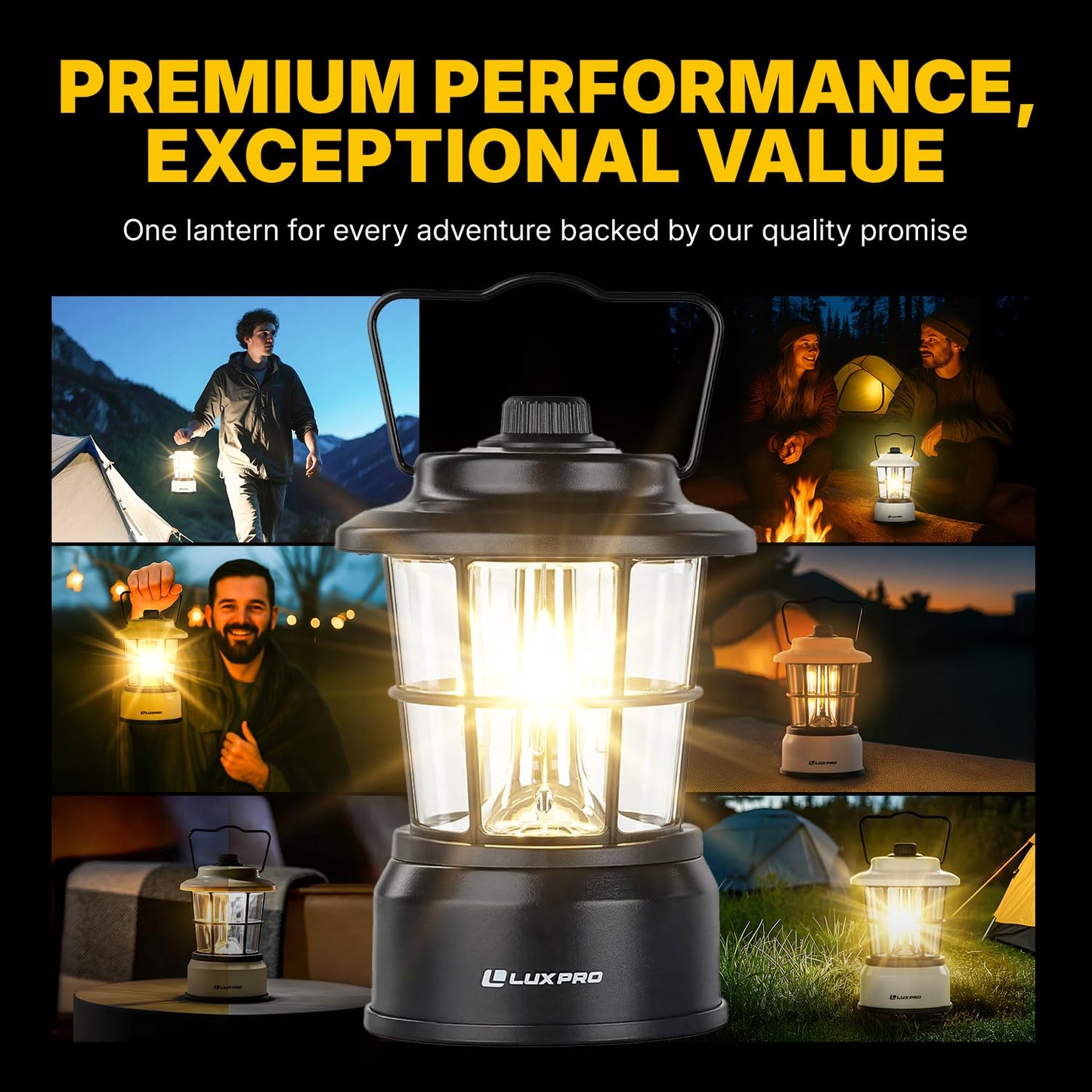 LUXPRO Retro LED Lantern - Battery-Powered Emergency Lantern - Water Resistant - Bright LED Lamp for Indoor & Outdoor Use - Use for Tents, Hiking or Hurricane Prep (Black, Pack of 2)