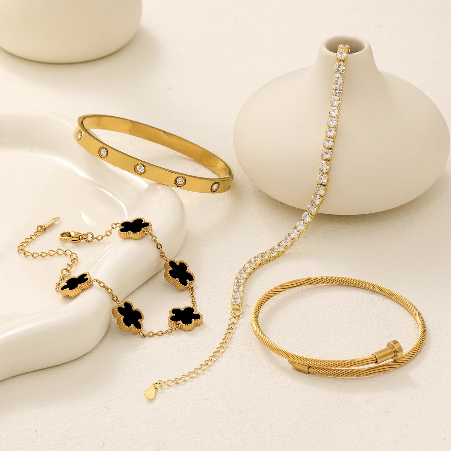 MEIERYA 18K Gold Plated Womens Stackable Floral Bracelets Set,Twisted Cable Bangle,Trendy Jewelry,Waterproof adjustable bracelet,Christmas Birthday Gifts for Girlfriend or Mother. (02-Color-black)