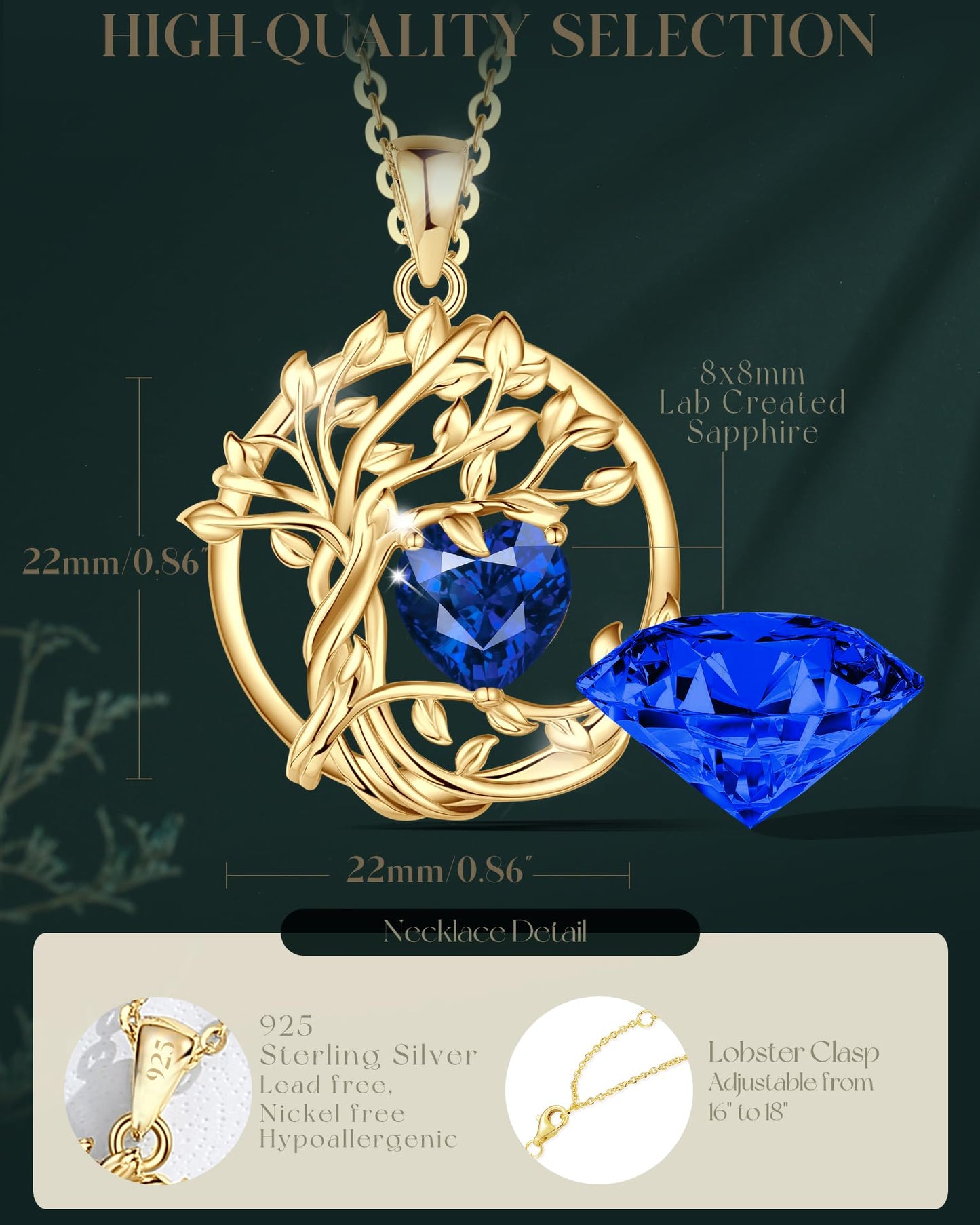 FANCIME Tree of life Birthstone Necklace for Women Sterling Silver Yellow Gold Plated Sapphire Pendant September Blue Gemstone Anniversary Mothers Day Gifts for Mom Wife Her