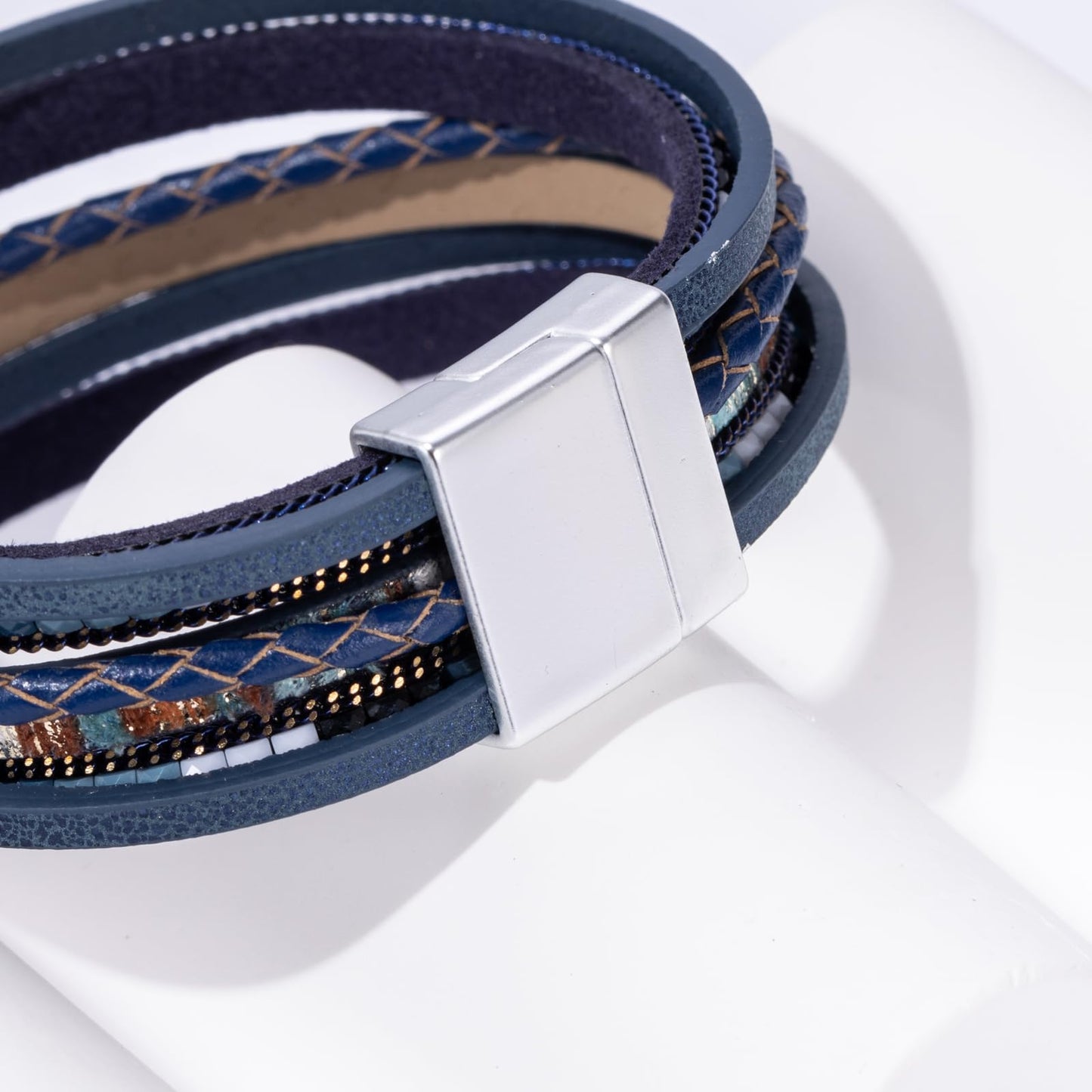 Becklynn Boho Leather Wrap Bracelets Beaded Crystal Stackable Cuff Bracelet with Magnetic Clasp Cowboy Cowgirl County Concert Outfits Western Jewelry Gifts for Women(Double Layer Navy)