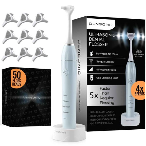 DENSONIC Electric Flosser Kit with Tongue Scraper | No Water, No Mess | Easy Gliding Dental Floss for Gentle Gum Care | Cordless Sonic Power | 50 Replaceable Heads [Celeste Blue]