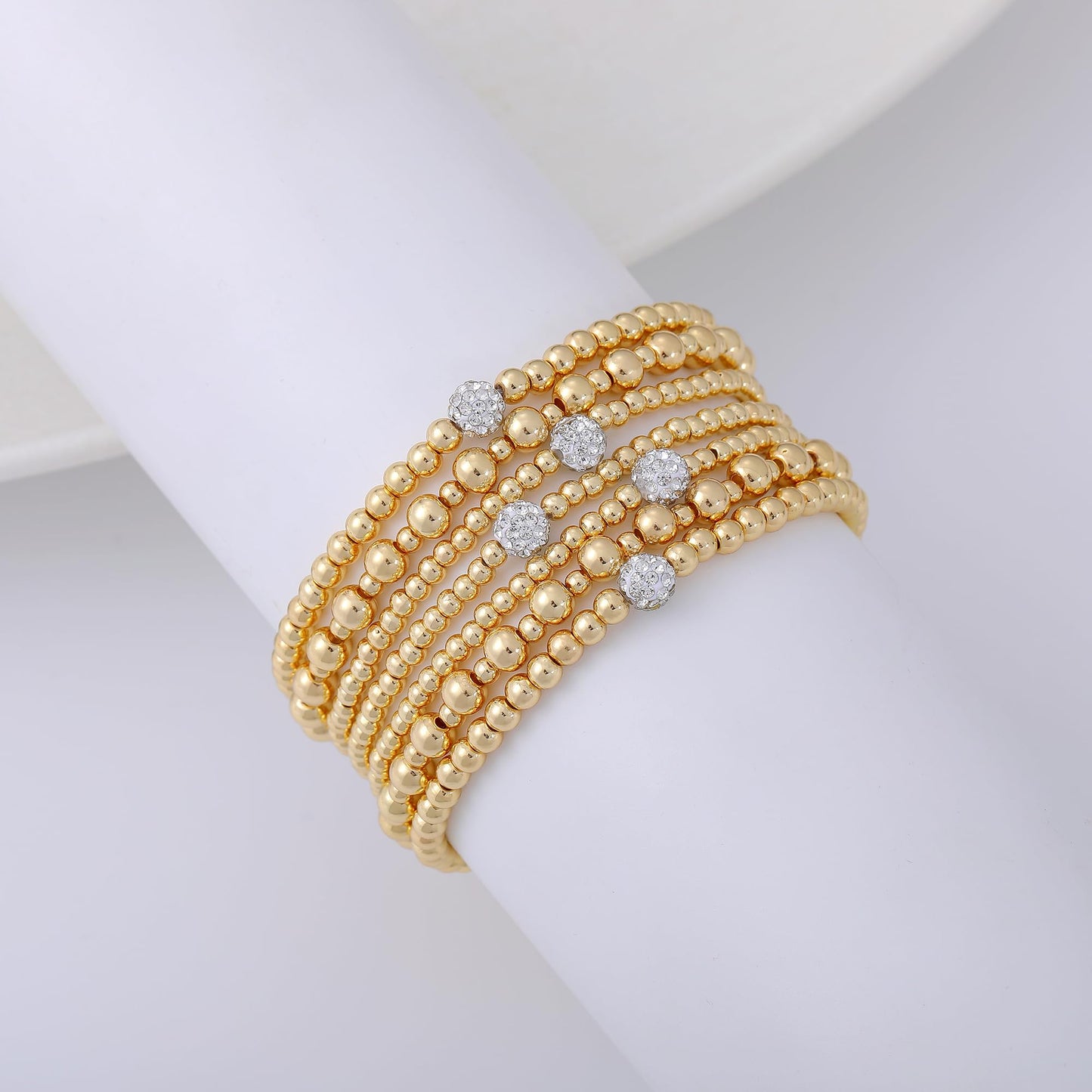 Sajidos Gold Plated Beaded Bracelets for Women Trendy, 14K Gold Plated Stack Cross Pearl Gold Plated Bead Stretch Bracelets Set Elastic Hypoallergenic Bracelets Jewelry Gifts (style20-2)