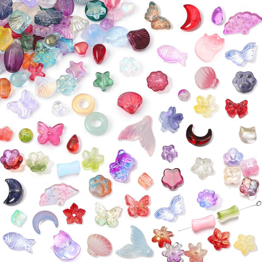 150-200Pcs Assorted Glass Beads for Jewelry Making Colorful Beads of Various Flower Butterfly Geometric Animal Bow Charms Crystal Loose Bead for Bracelet Necklace Earrings Pendant Crafts DIY