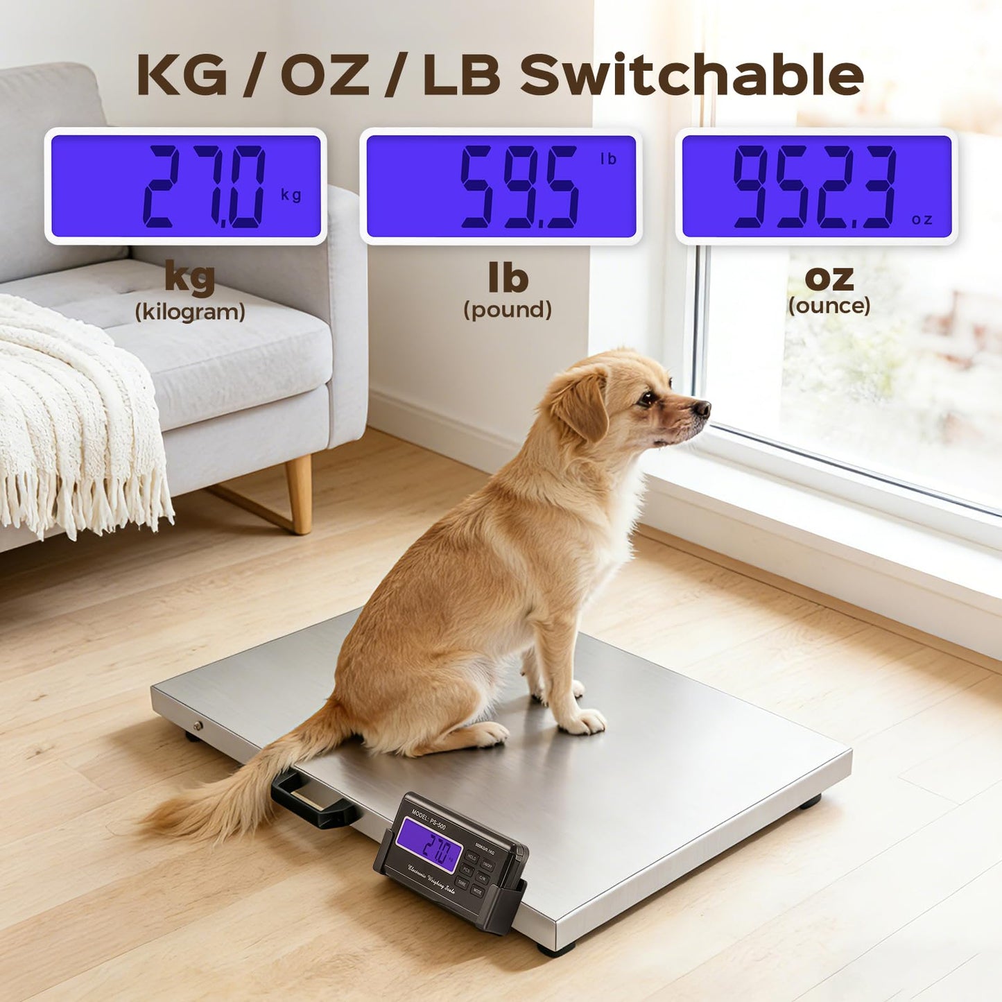 Bonvoisin Dog Scale for Large Breed, 660 x 0.2 lbs Livestock Scale, Shipping Postal Scale with Large Stainless Platform 31.4” x 20.8”, Vet Scale with Rubber Mat