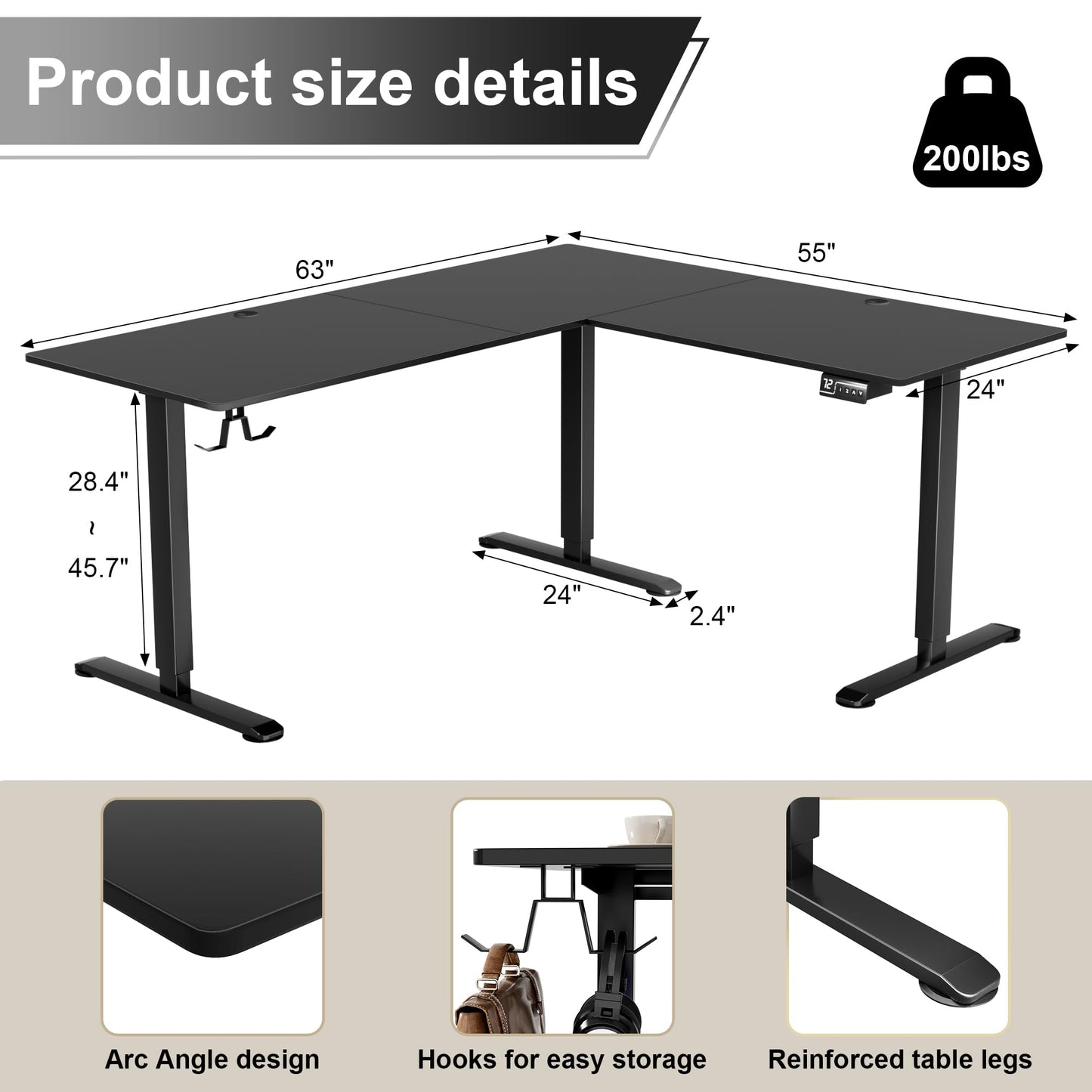Shahoo L-Shaped Corner Standing Desk, Electric Height Adjustable Table, Home Office Workstation, 63 x 55 Inch, Black