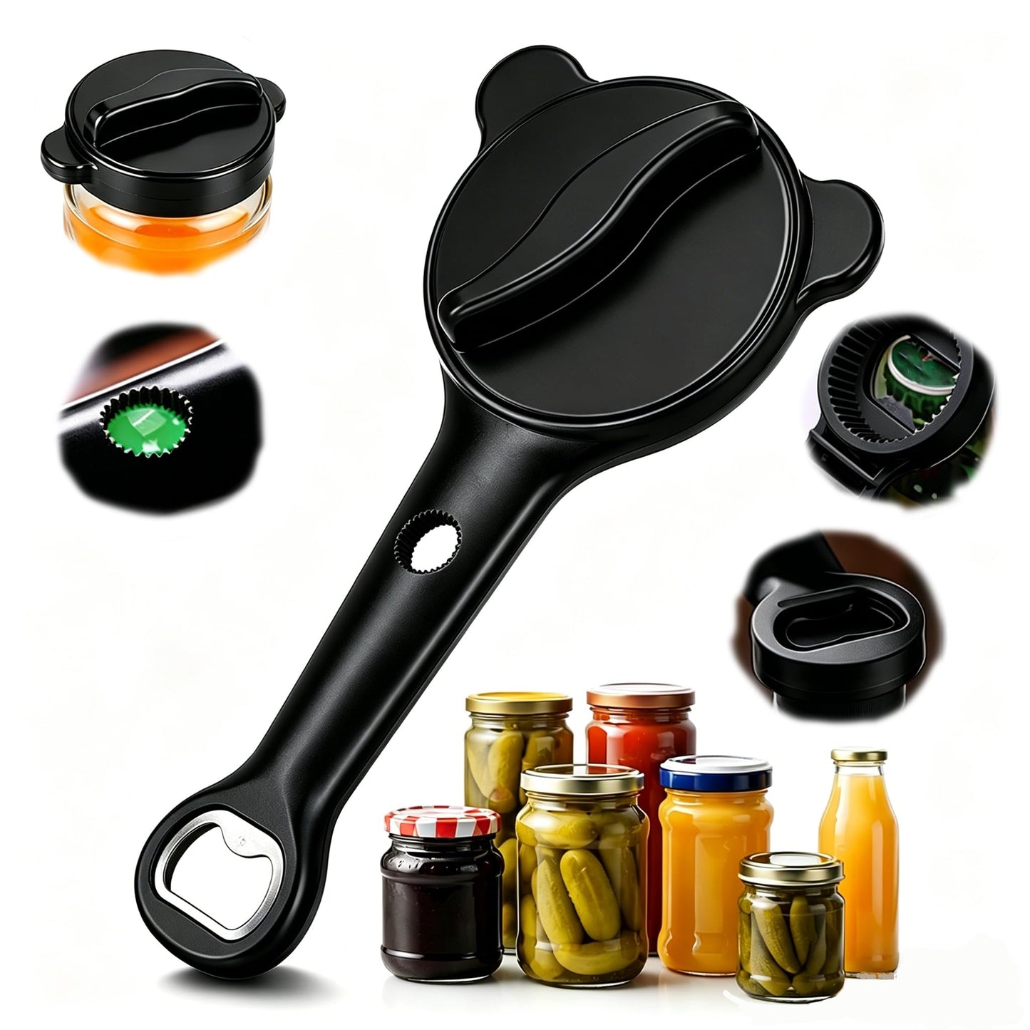 4-in-1 Jar Opener, Ergonomic Stainless Steel Jar Opener (Gray/Purple/Black), Adjustable Jar Opener Fits 1-3.5 Inch Lids, Jar Openers Top Rated For Seniors & Arthritic Hands(Black)