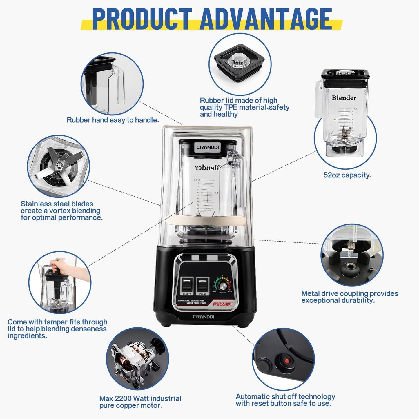 CRANDDI Commercial Blender, 2200W Countertop Blenders with Removable Shield, Quiet Smoothie Blender for Shakes and Ice Crushing, 52oz, 38000 RPM Professional Blenders for Kitchen, K80 (Black)