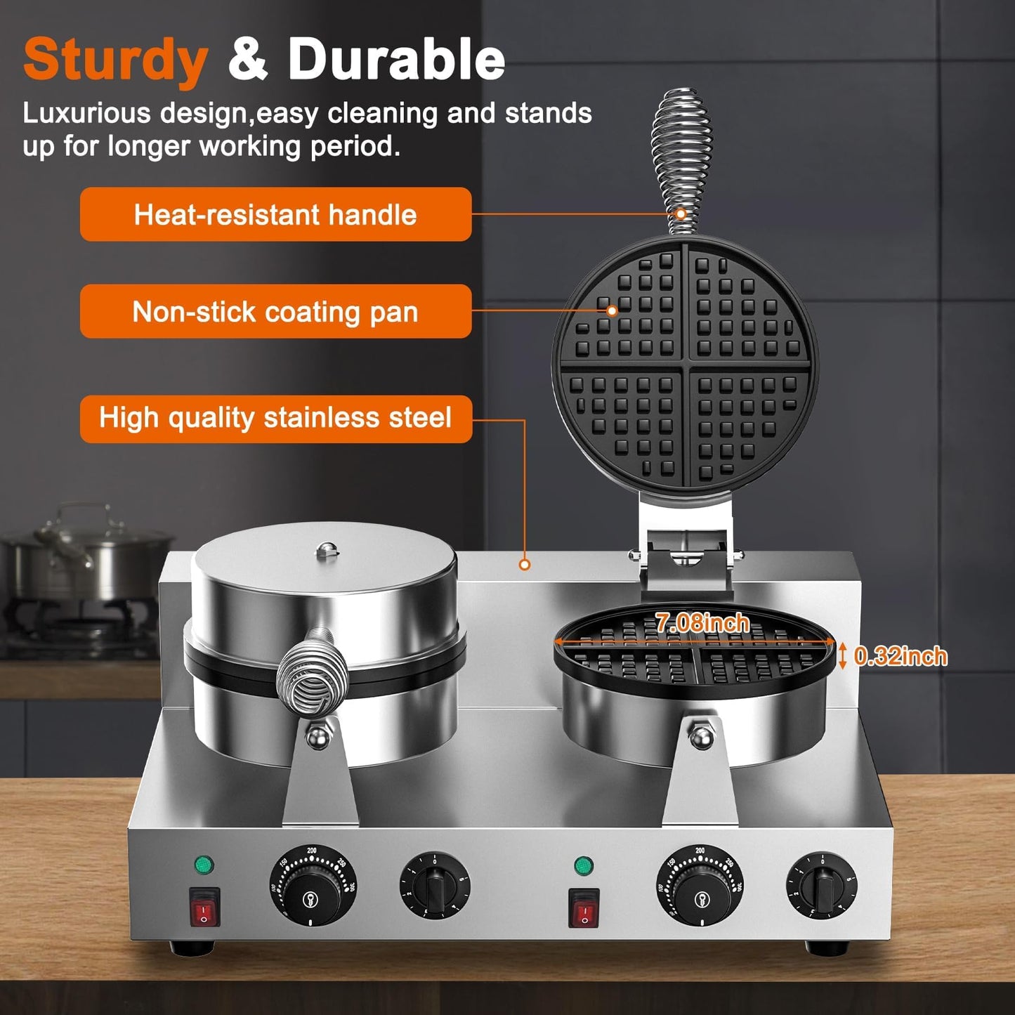 Culistra Commercial Waffle Maker, Dual-Head, Dual Zone Temp Setting, 2600W Stainless Steel Waffle Baker Machine, 50-300°C(120-570℉), Nonstick, for Catering, Restaurant, Snack Stand, CE Certified