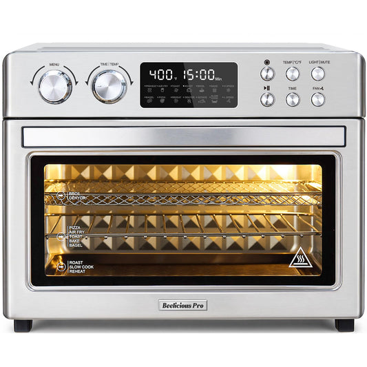28QT Air Fryer Toaster Oven Combo, Large 12-in-1 Convection Countertop Oven with 3-Layer Cooking, Rotisserie for Chicken, 6 Heating Tubes, Fast Preheat, Fit 11" Pizza, All Accessories, Stainless Steel