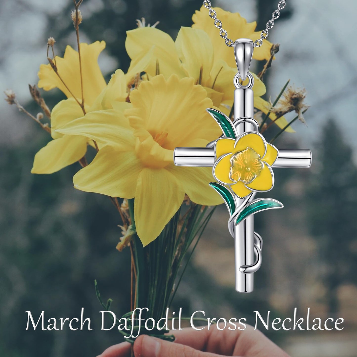 Daffodil Necklace 925 Sterling Silver Cross Daffodil Pendant Necklace March Birth Flower Jewelry for Women Gifts