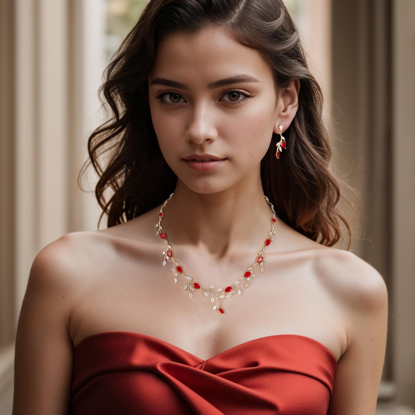 EVER FAITH Party Jewelry Set for Women, Sparkly Cubic Zirconia Pear-Shaped Birthstone Leaf Necklace Earrings Sets for Prom Red Gold-Plated-Brass