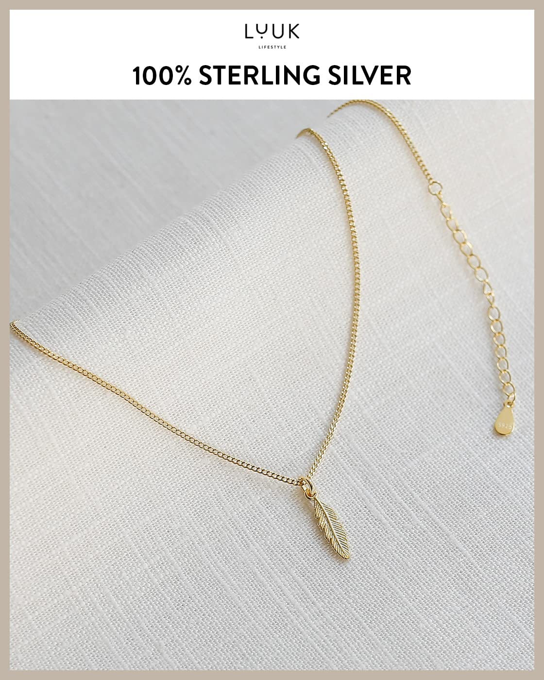 LUUK LIFESTYLE Necklace with feather pendant, 925 sterling silver chain and pendant, modern and minimalist fashion accessory, layer look, trendy boho style, jewelry gift idea for her, gold