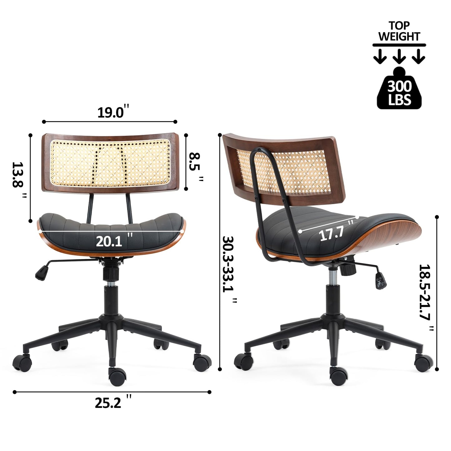 Newnno Home Office Chair with Wheels, Adjustable Height Desk Chair with Rattan Backrest, Leather Swivel Computer Chair, Armless Modern Walnut Chair for Office, Meeting Room, Black