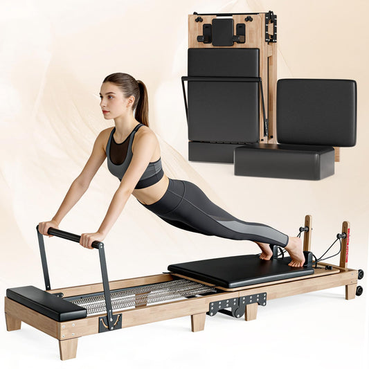 92" Foldable Solid Wood Pilates Reformer for Home with 6 Springs, Jump Board and Box, Professional Home Gym Machine for Core Strength, Stability and Full-Body Toning Includes 2 Grip Socks
