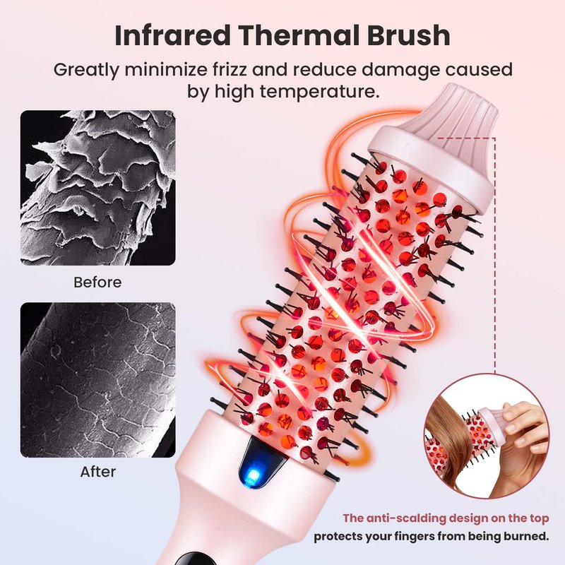 CHIKYO Upgraded Infrared Thermal Brush, 1.5 Inch Heated Round Brush, Negative Ion Curly Hair Brush, Curling Iron with Dual Voltage & Dual PTC & 6 Heat Settings, Pink