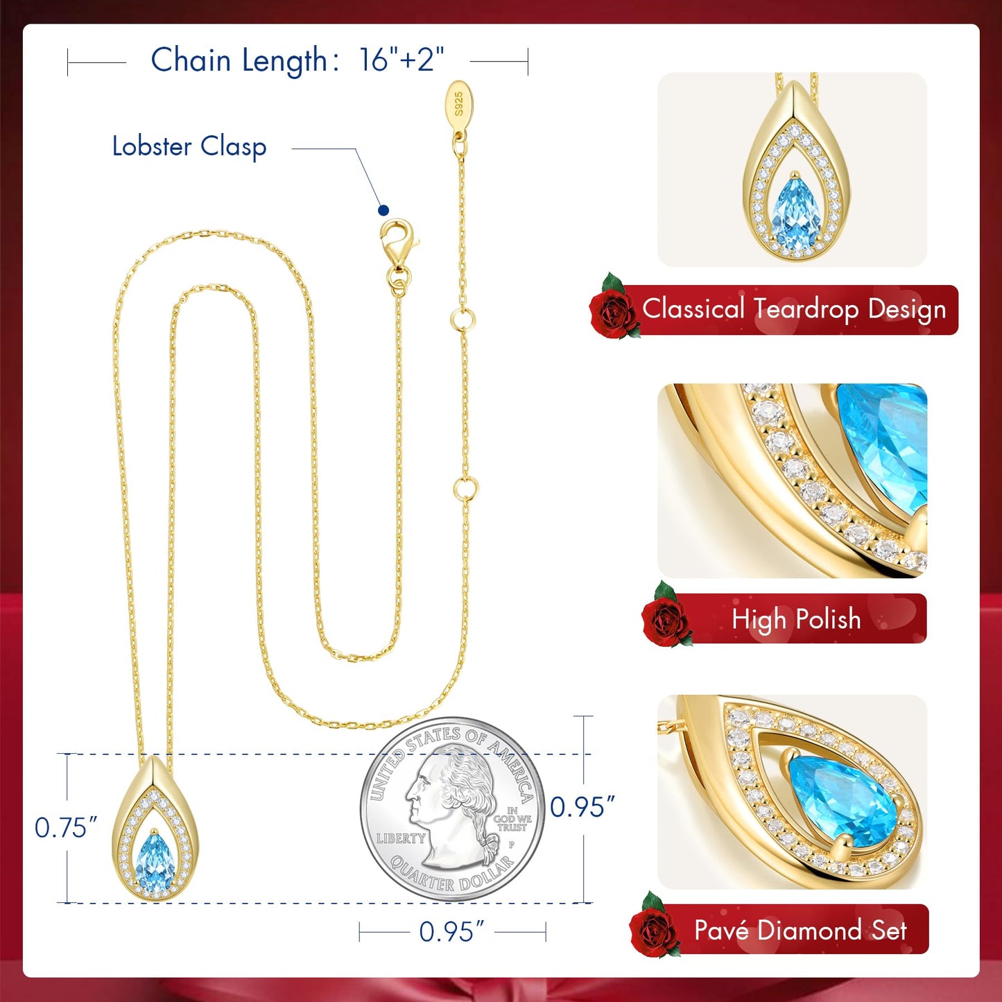 Kstyle 14k Gold Aquamarine March Birthstone Pendant Necklaces for Women Valentine's Day Birthday Gift Anniversary Jewelry for Wife Daughter Grandma Mom Sister Non Tarnish