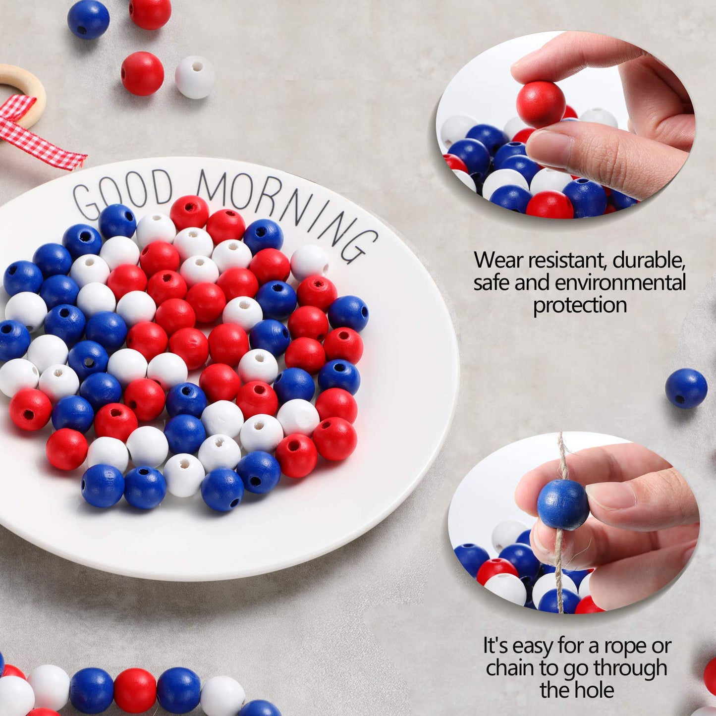 WILLBOND 120 Pieces Patriotic Wooden Bead Red White Blue Beads Independence Day 4th of July Loose Craft Beads for DIY Jewelry Garland 250th Anniversary Home Decoration(16 mm,Simple Pattern)