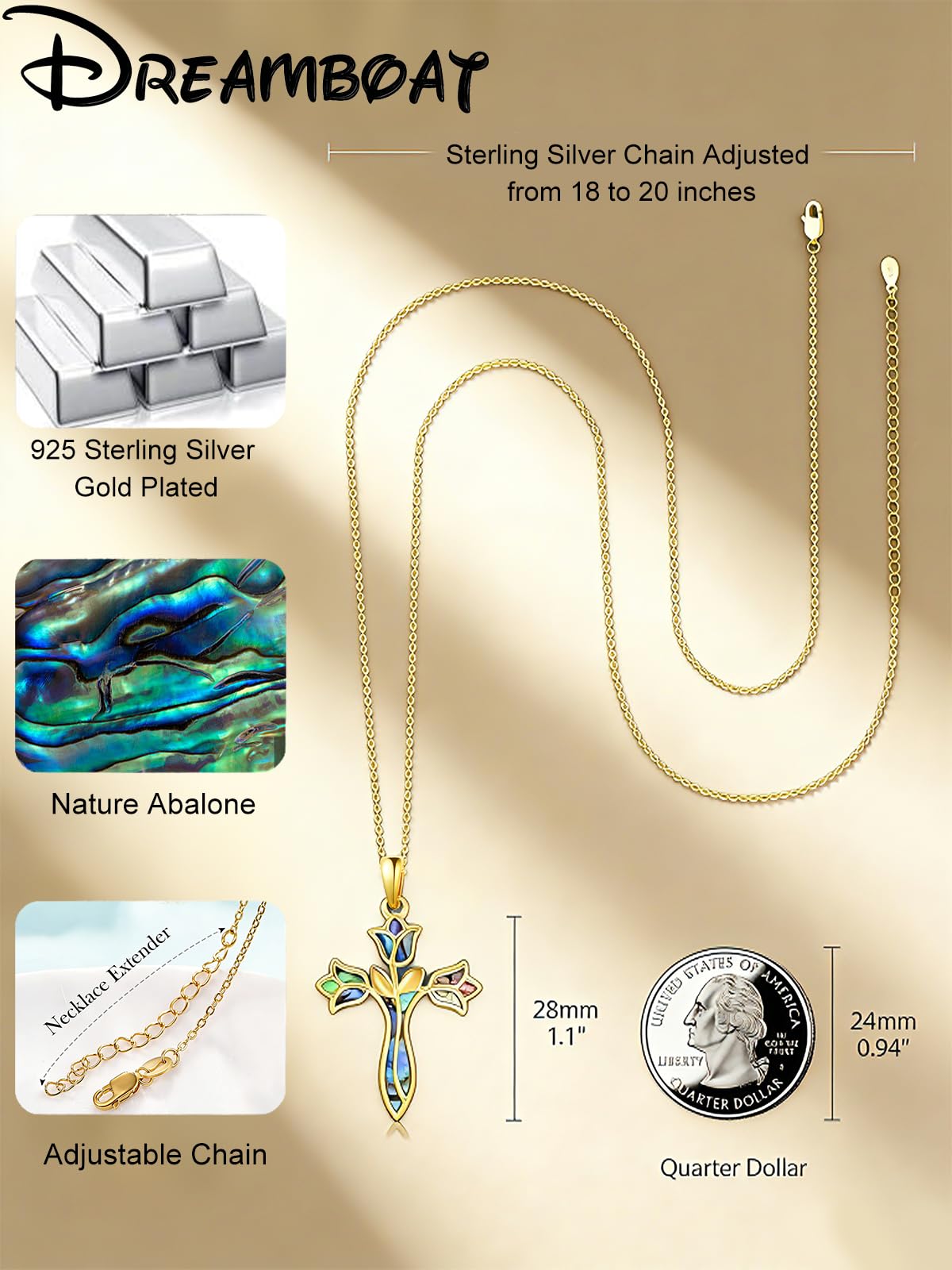 Dreamboat Cross Necklaces for Women Gold Plated Cross Pendant Sterling Silver Christian Necklace Tulip Rose Abalone Shell Faith Confirmation Gifts Religious Jewelry for Mom