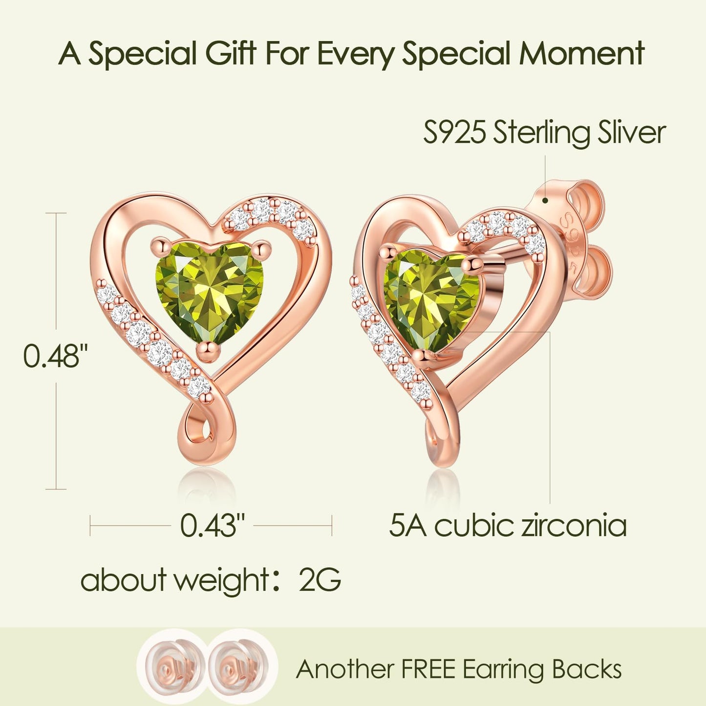 Zifeel Earrings for Women, August Birthstone Peridot Heart Studs Earring，Womens Earrings Gifts for Anniversary Birthday Christmas Valentines Mothers Day Gift Jewelry for Women Wife Her Mom