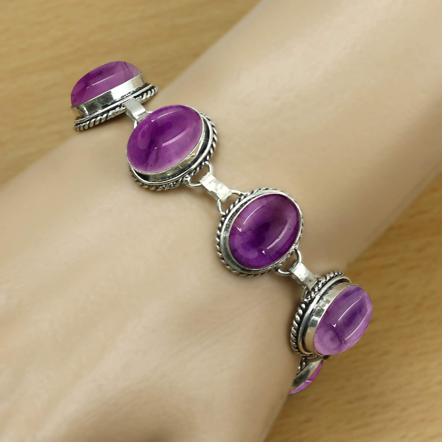 Natural Amethyst Silver Plated Handmade Link Bracelet for Women - February Birthstone Oval Gemstone Adjustable Bracelet Vintage Style Jewelry - Enegagement Wedding Christmas Gifts for Her