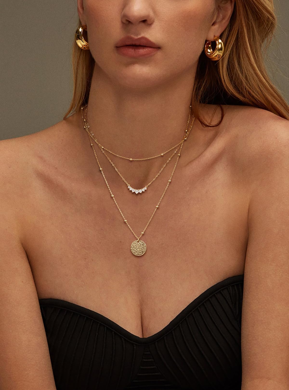 Kyerlyn layered gold necklaces for women，Stackable Stack 14K Gold Plated Chain Trendy Layering Coin CZ Simple Circle Cubic Zirconia Dainty Pendant Necklaces Set Gold Jewelry for women Gifts