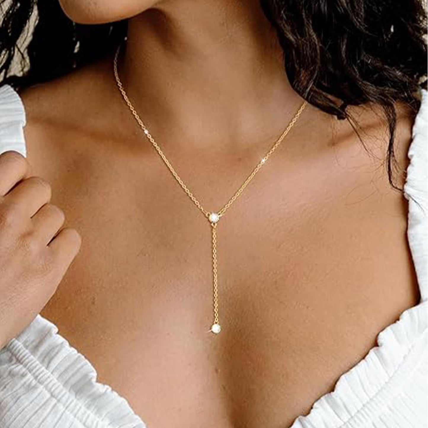 Luxval Lariat Gold Necklace for Women Trendy Dainty Long Y Necklaces CZ Pendant Choker Necklace Simple Trendy Gold Jewelry Gift for Women